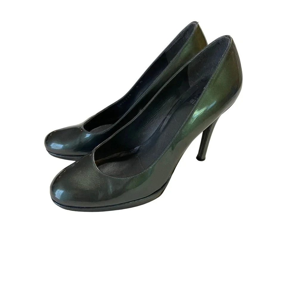 Stuart Weitzman Iridescent Green Metallic Patent Leather Platform Pumps Size 8M
